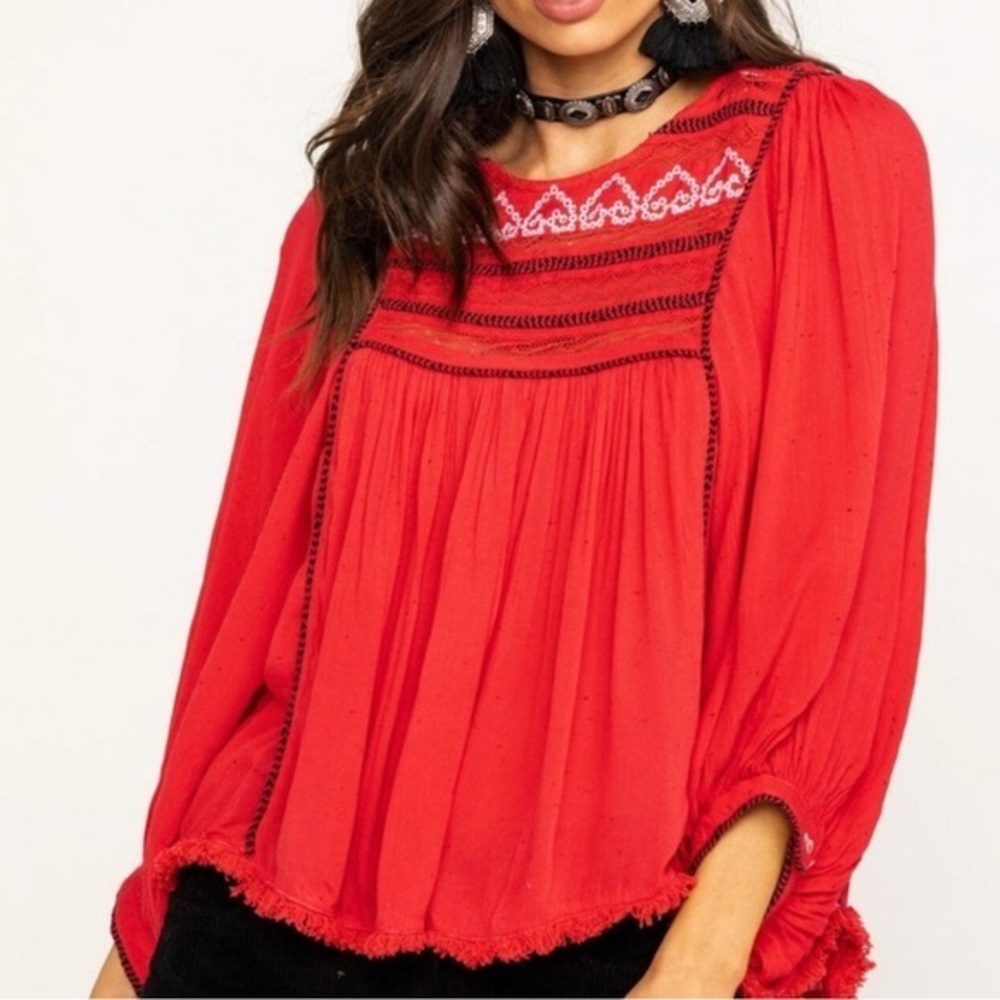 Free People Red Cypress BOHO Embroidered Top size small